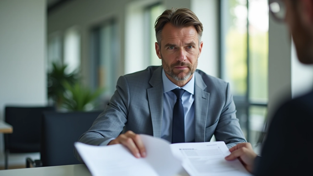 Banker zeigt Unternehmer die Kreditunterlagen und KfW-Fördermöglichkeiten auf dem Schreibtisch