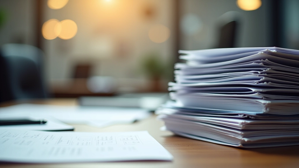 Schreibtisch mit gestapelten Ordnern und administrativen Dokumenten
