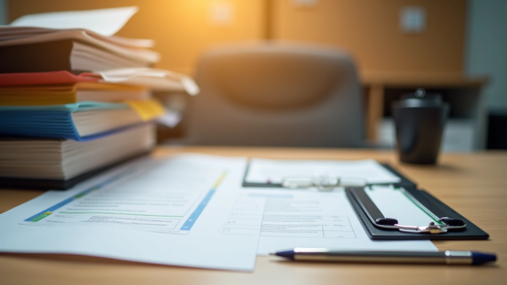 Geschäftspapiere und Ordner auf einem Schreibtisch symbolisieren Bürokratie und Verwaltung