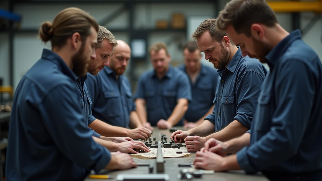 Team von verschiedenen Handwerkern und Fachkräften bei der Arbeit