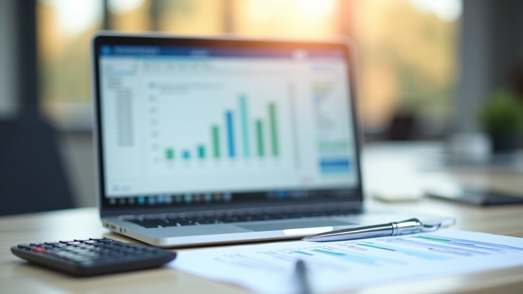 Schreibtisch mit Zinssätzen und Kreditbedingungen auf einem Monitor mit Taschenrechner