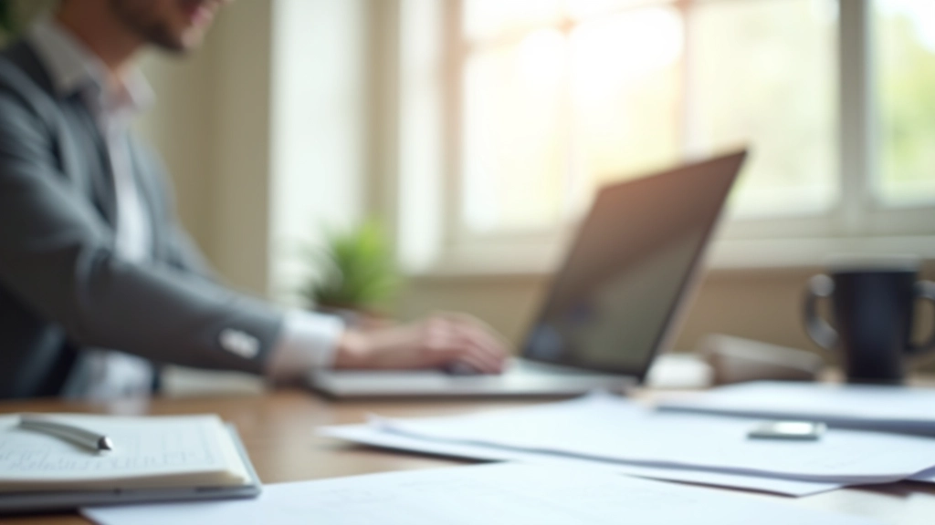 Moderne Arbeitsumgebung mit Laptop und Dokumenten zeigt digitale Lösungen für Unternehmensadministration