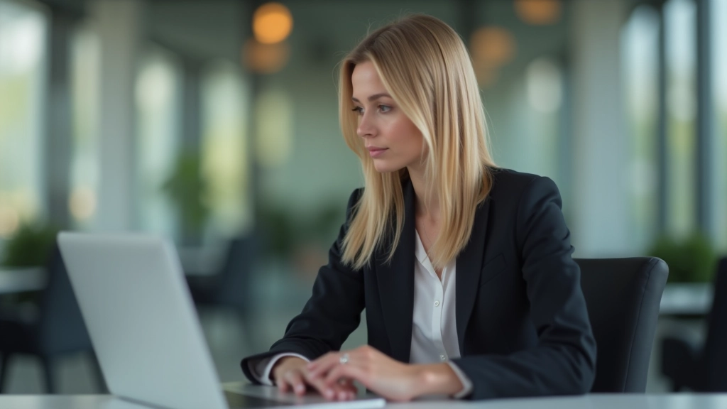 Geschäftsfrau in Büro schaut auf Laptop mit KfW-Förderungsinformationen und Kreditantragsformularen