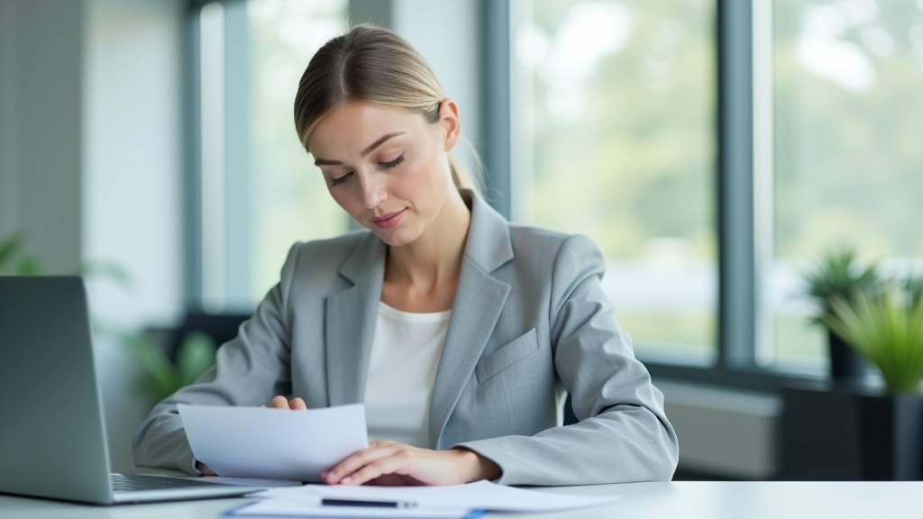 Geschäftsfrau arbeitet konzentriert an ihrem Schreibtisch mit Laptop und Dokumenten