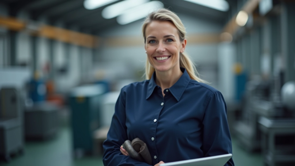 Unternehmerin mit Tablet-Computer in ihrer Handwerkswerkstatt mit Maschinen